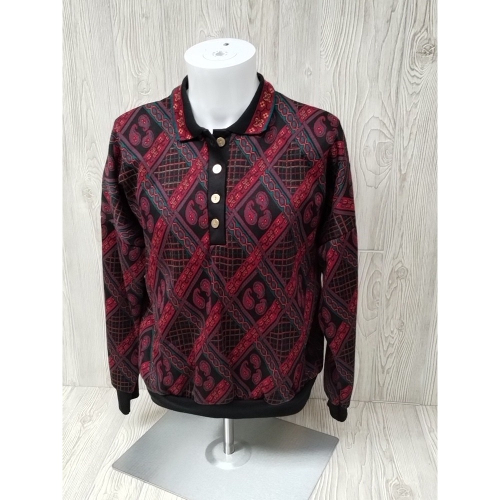 Vintage Season Ticket Collared Long Sleeve Sweater Womens LG 4 Button Red‎ Black